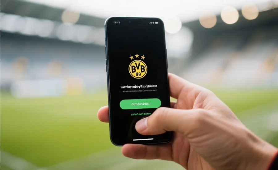 一只手拿着安卓手机,屏幕上显示正在安装德甲主题的体育直播应用,背景虚化